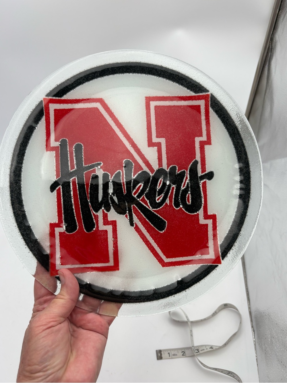 Vintage Signed Peggy Karr Nebraska Huskers Red Glass Serving Plate